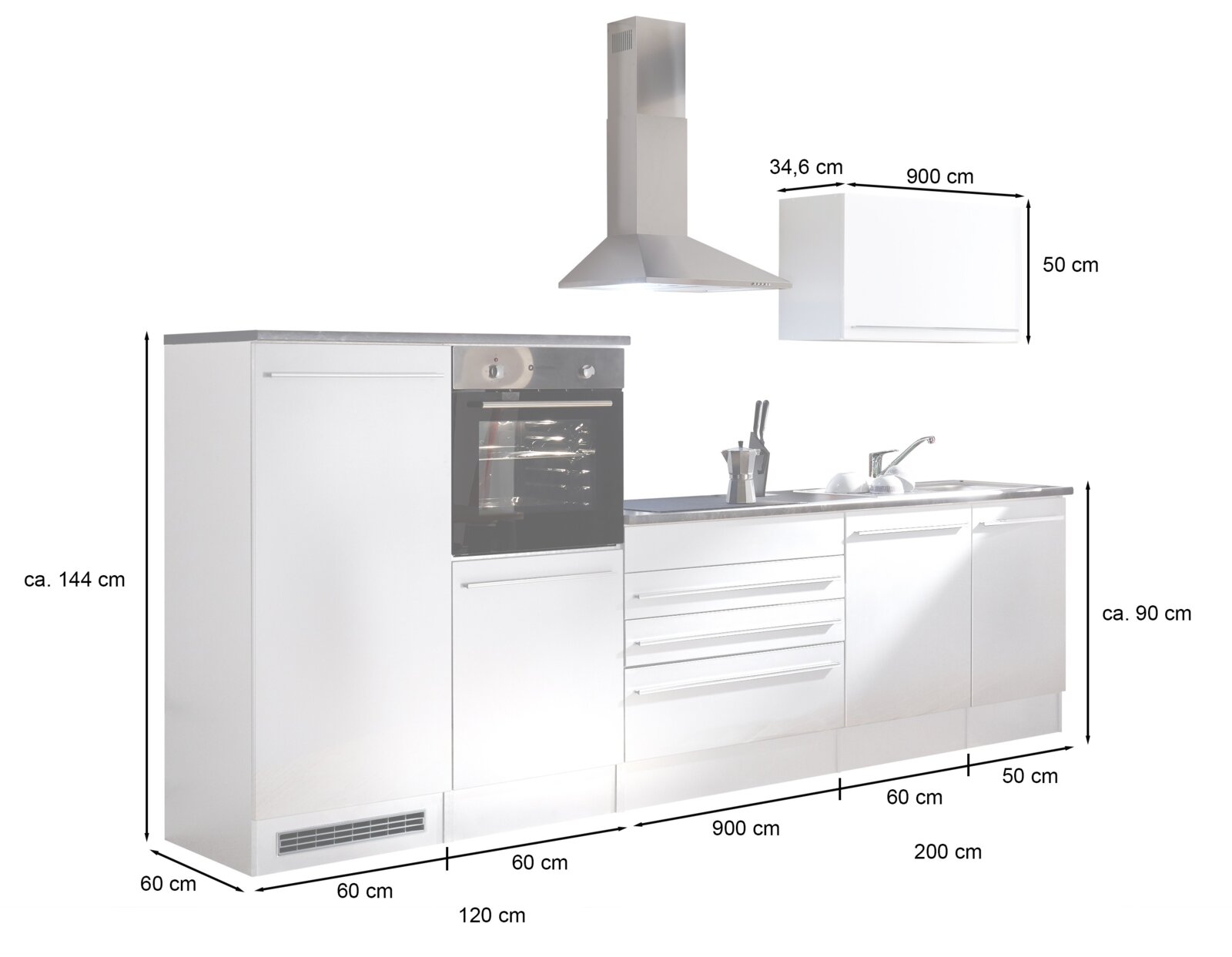 Weiße Küchenzeile mit integrierter Spüle, Backofen und Edelstahl-Dunstabzugshaube, mit Maßangaben, dargestellt in frontaler Ansicht mit leichter Perspektive von vorn rechts.