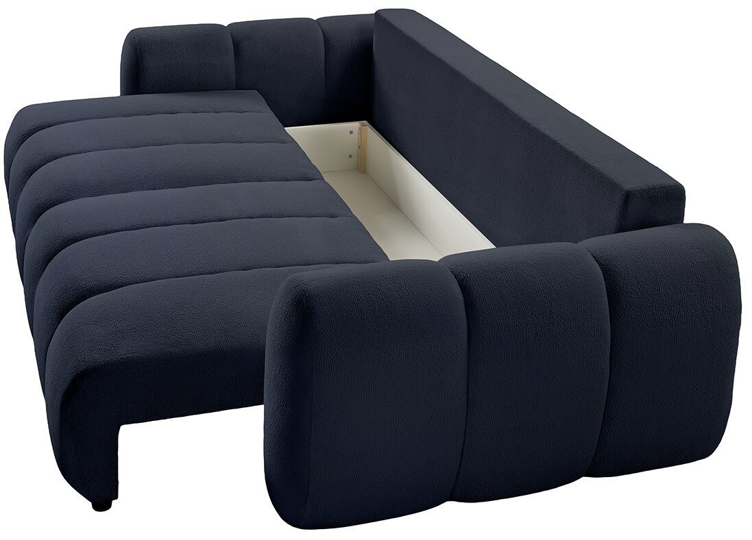 Dunkelblaues Funktionssofa mit Stauraum, seitliche Perspektive