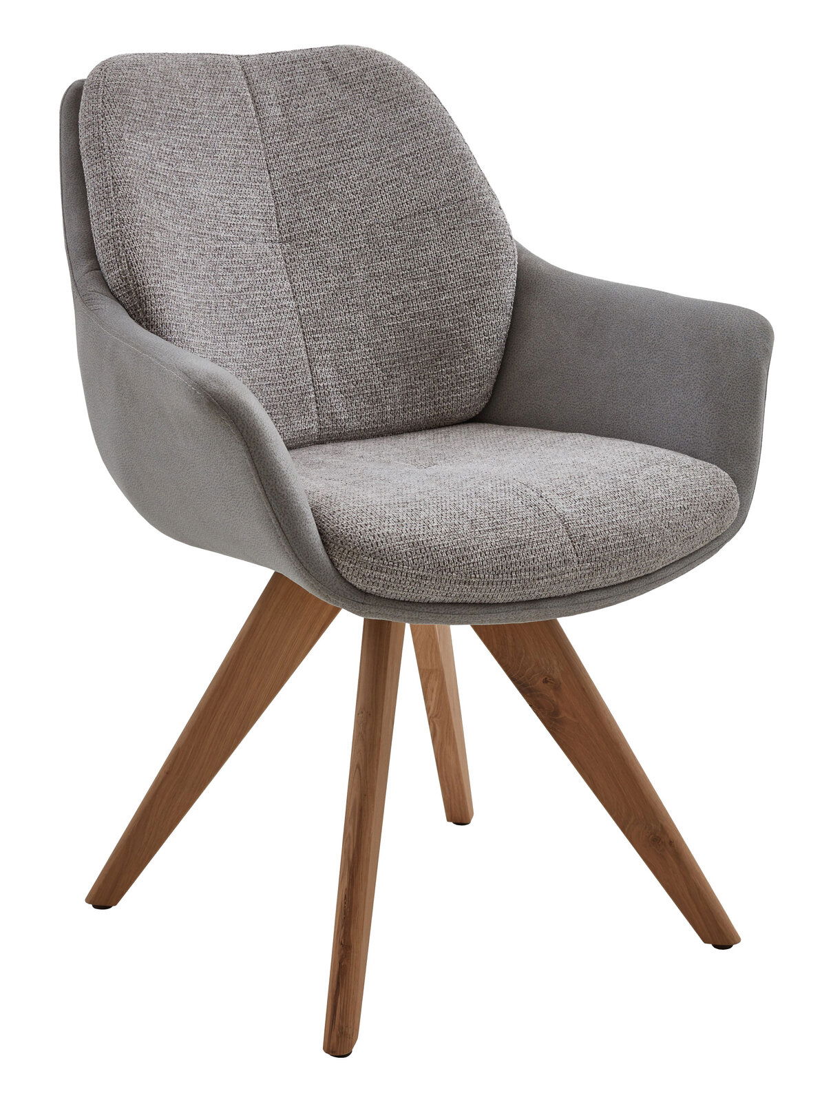 Grauer Armlehnstuhl mit gepolstertem Sitz und Rückenlehne, Holzbeine, seitliche Perspektive