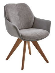 Grauer Armlehnstuhl mit gepolstertem Sitz und Rückenlehne, Holzbeine, seitliche Perspektive