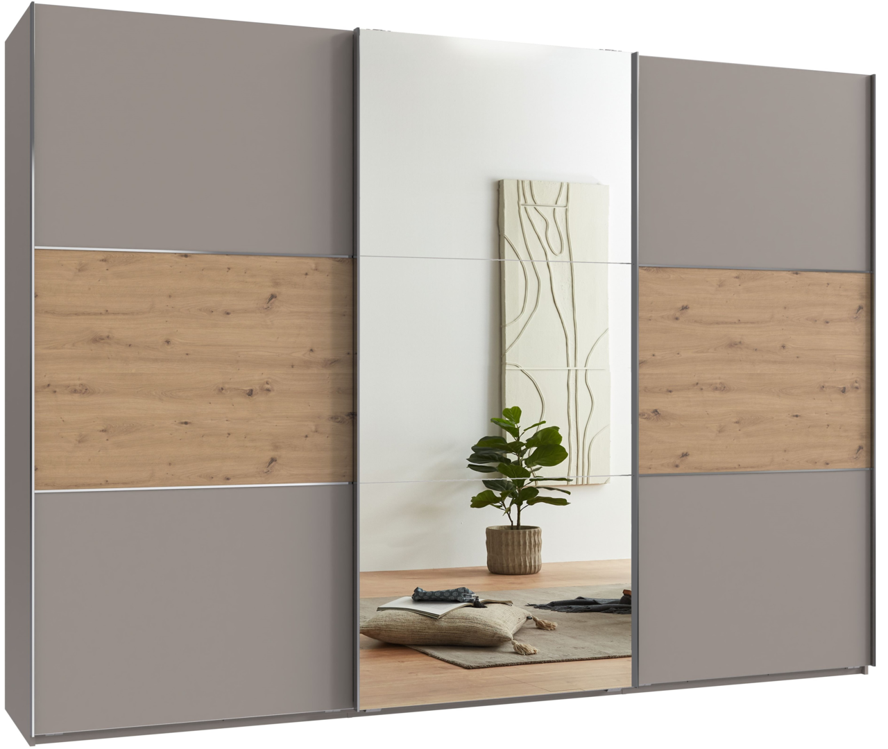 Moderner dreitüriger Schwebetürenschrank mit Spiegel in Holz- und Grautönen, frontal abgebildet.