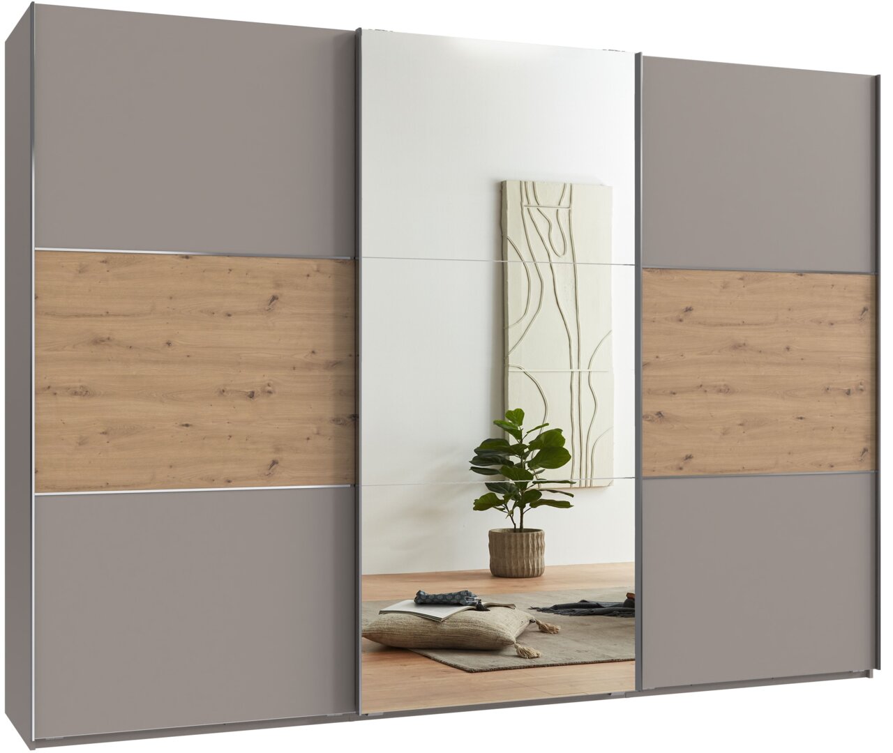 Moderner dreitüriger Schwebetürenschrank mit Spiegel in Holz- und Grautönen, frontal abgebildet.