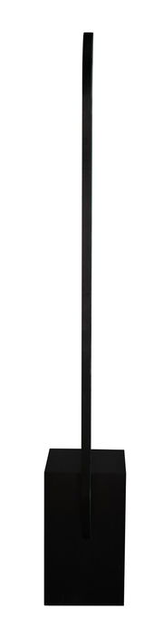 Seitenansicht eines Standspiegels mit schwarzem Rahmen und rechteckigem Sockel.