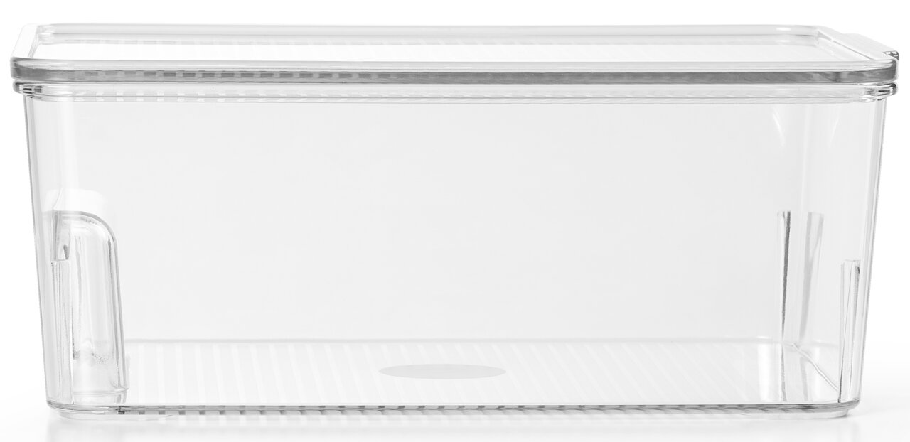 Transparente Kunststoffbox mit Deckel, seitliche Perspektive