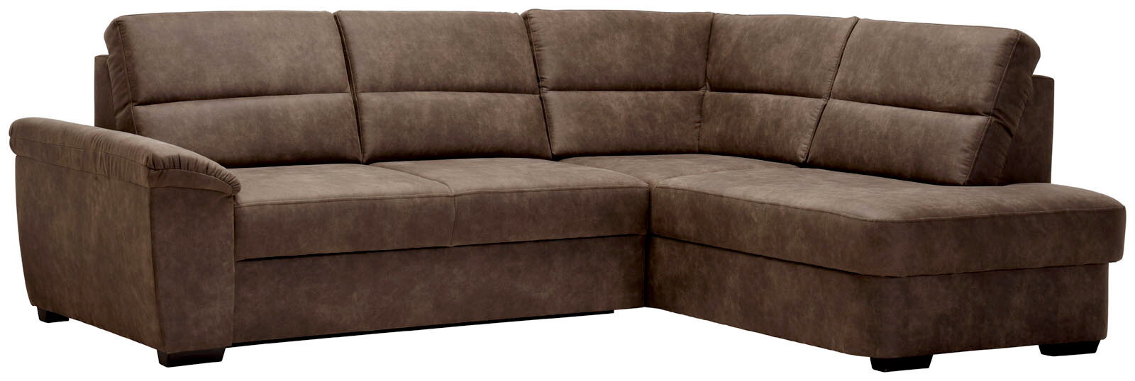 Osca Ecksofa MODESTO Braune Rundecke aus Stoff, perspektivisch von vorne links fotografiert