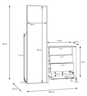 Kommode mit Spiegel, seitliche Perspektive, Maße: 128,3 cm Breite, 185 cm Höhe, 44,5 cm Tiefe, mit drei Schubladen und einem hohen Spiegel.