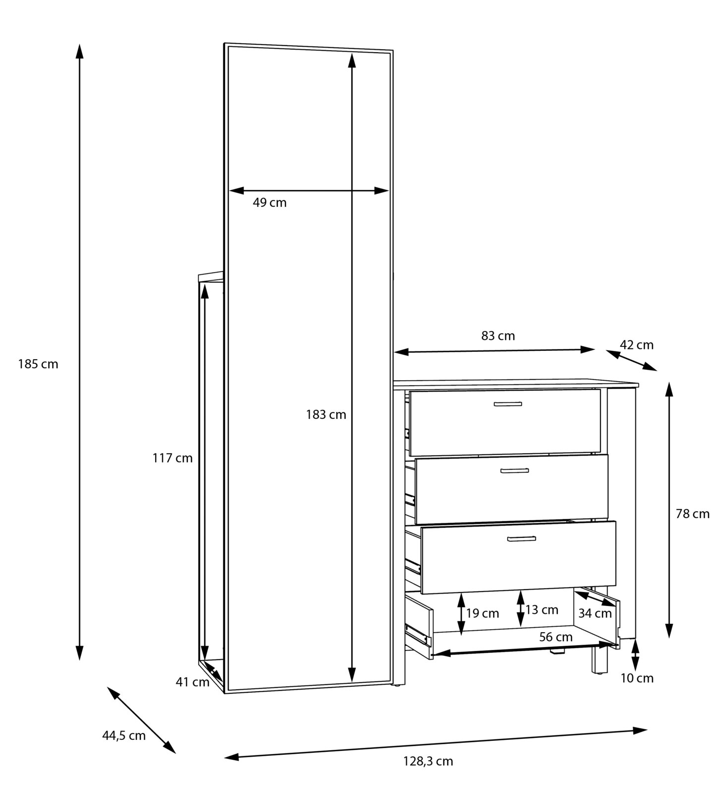 Commode met spiegel, zijaanzicht, afmetingen: 128,3 cm breed, 185 cm hoog, 44,5 cm diep, met drie lades en een hoge spiegel.