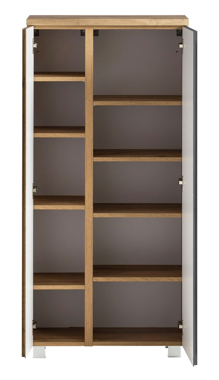 Offener Midischrank mit mehreren Regalböden, Holzoptik, Frontalansicht