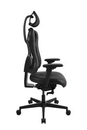 Seitliche Ansicht eines ergonomischen Gaming-Stuhls mit verstellbarer Kopfstütze und Armlehnen.