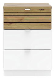 Moderner Container mit Holzoptik und weißen Schubladen, Frontalansicht