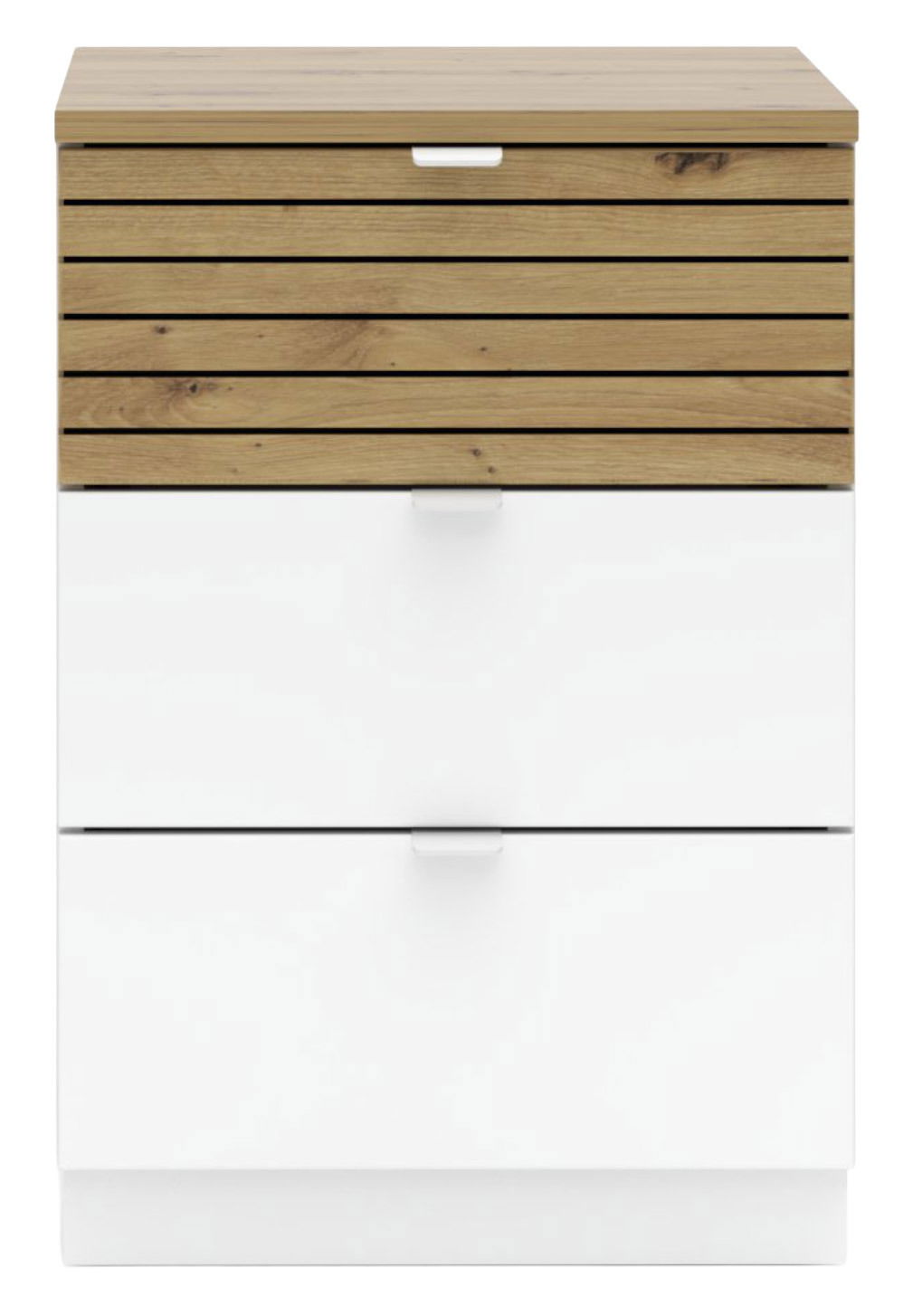 Moderner Container mit Holzoptik und weißen Schubladen, Frontalansicht