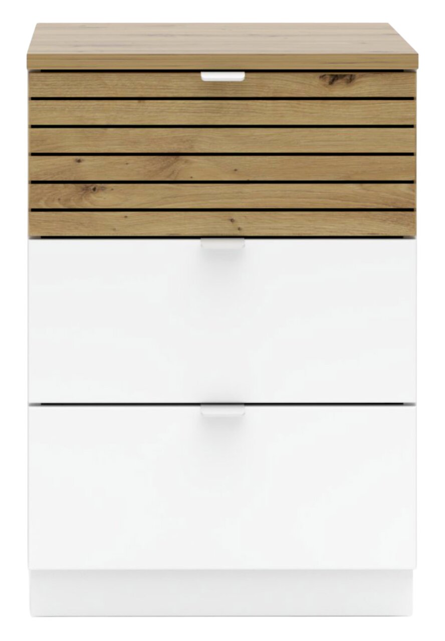 Moderner Container mit Holzoptik und weißen Schubladen, Frontalansicht