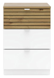 Moderner Container mit Holzoptik und weißen Schubladen, Frontalansicht