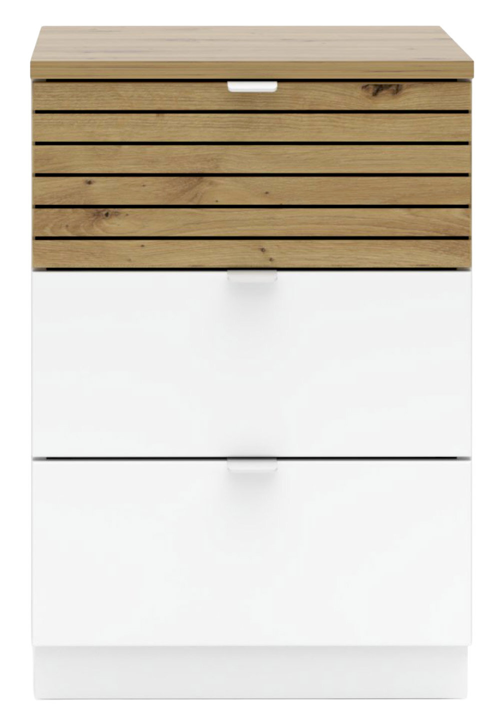 Moderner Container mit Holzoptik und weißen Schubladen, Frontalansicht