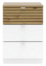 Moderner Container mit Holzoptik und weißen Schubladen, Frontalansicht