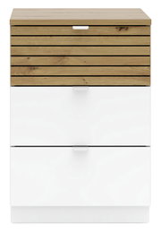 Moderner Container mit Holzoptik und weißen Schubladen, Frontalansicht