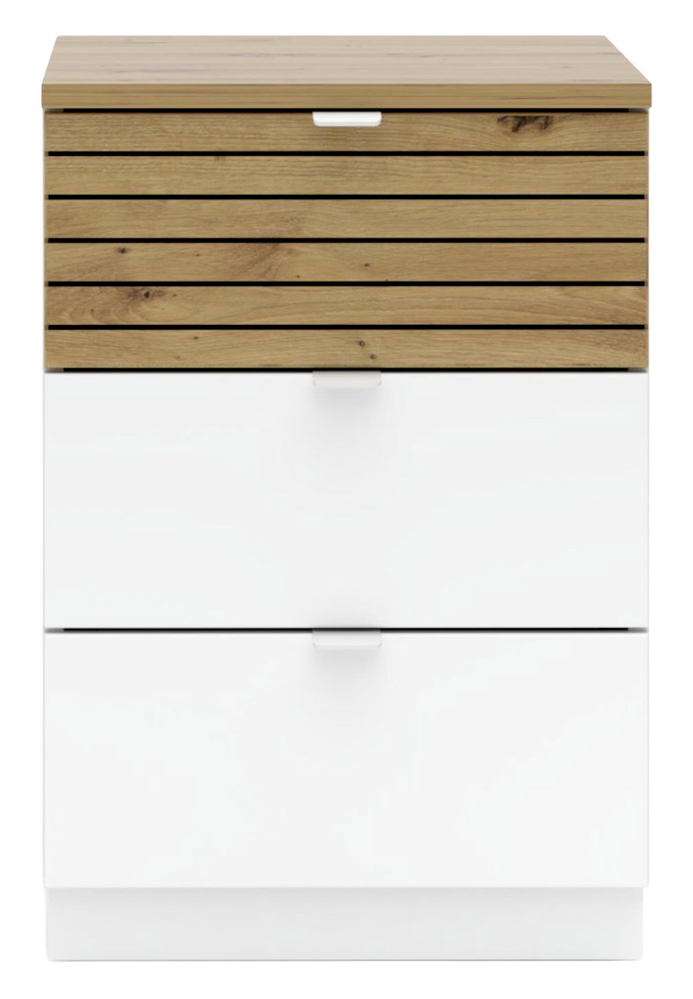 Moderne container met houtlook en witte lades, vooraanzicht