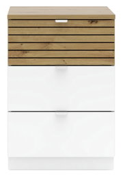 Moderne container met houtlook en witte lades, vooraanzicht