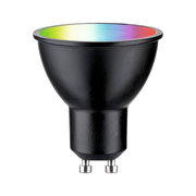 Schwarzes LED Leuchtmittel mit GU10-Sockel, Ansicht von vorne, mit Regenbogeneffekt auf der Linse