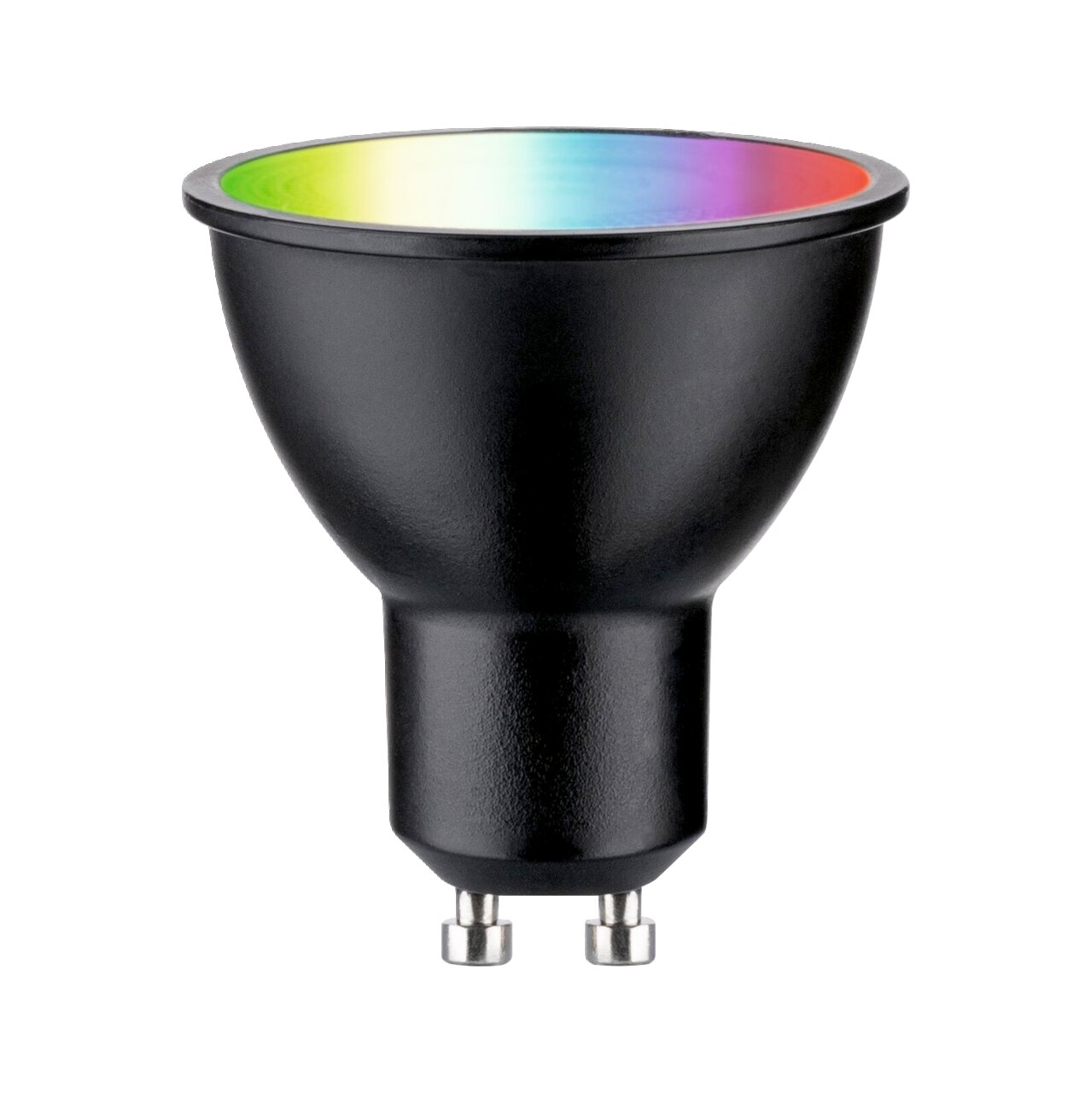 Schwarzes LED Leuchtmittel mit GU10-Sockel, Ansicht von vorne, mit Regenbogeneffekt auf der Linse