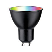 Zwarte ledlamp met GU10-fitting, vooraanzicht, met regenboogeffect op de lens