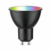 Schwarzes LED Leuchtmittel mit GU10-Sockel, Ansicht von vorne, mit Regenbogeneffekt auf der Linse