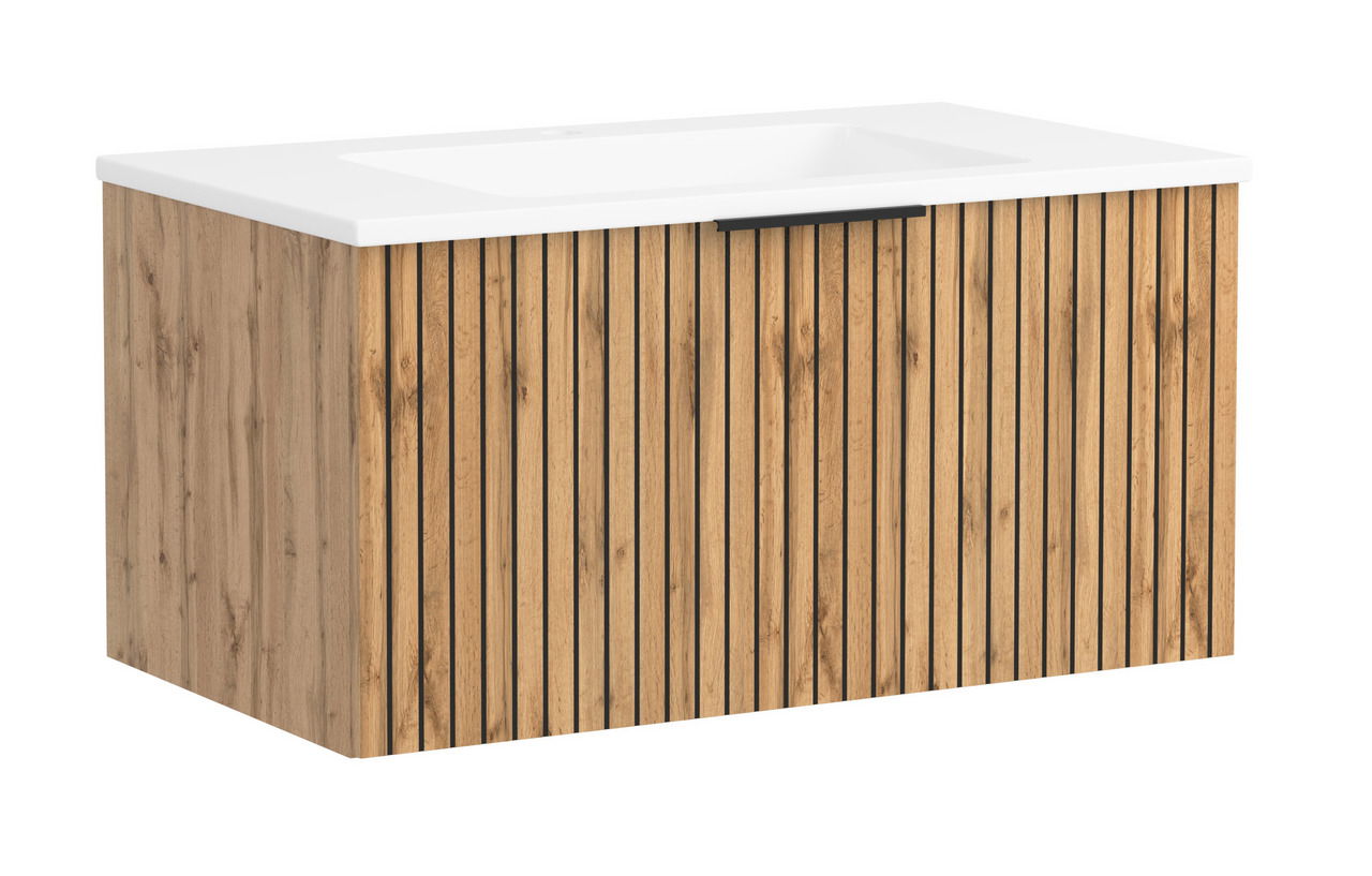 Waschtisch-Set 80 cm mit Holzoptik und weißer Oberfläche, frontale Perspektive