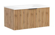 Waschtisch-Set 80 cm mit Holzoptik und weißer Oberfläche, frontale Perspektive
