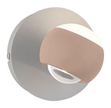 Moderne Wandleuchte in seitlicher Perspektive mit rundem, zweifarbigem Design.