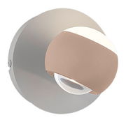Moderne Wandleuchte in seitlicher Perspektive mit rundem, zweifarbigem Design.