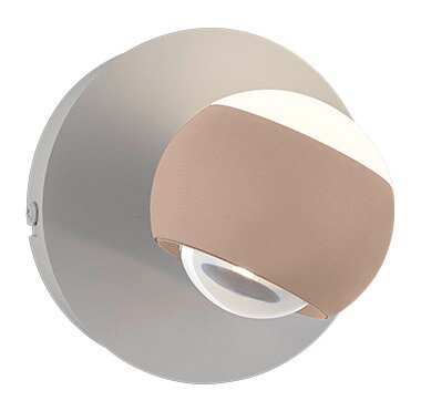 Moderne wandlamp in zijaanzicht met een rond, tweekleurig ontwerp.