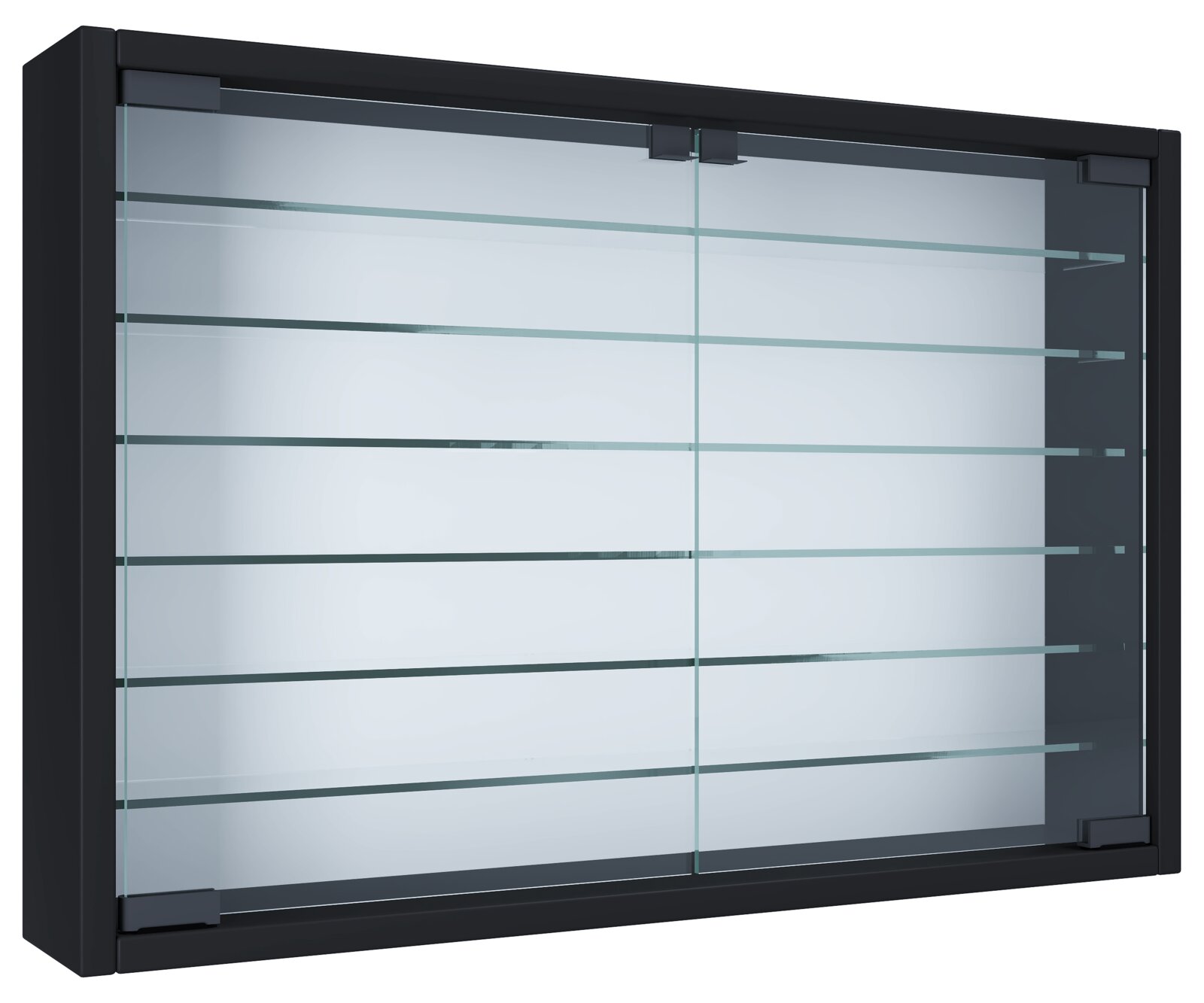 Schwarzer, rechteckiger Vitrinenschrank mit Glasfront und mehreren Glasböden, gezeigt in schräger Vorderansicht (3/4-Perspektive)