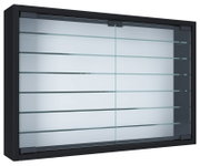 Schwarzer, rechteckiger Vitrinenschrank mit Glasfront und mehreren Glasböden, gezeigt in schräger Vorderansicht (3/4-Perspektive)