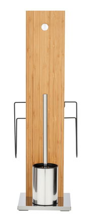 WC-Garnitur mit Zeitungshalter aus Holz und Metall, frontal fotografiert