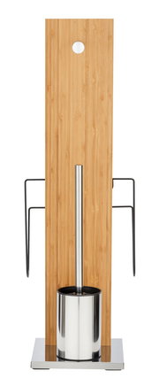 WC-Garnitur mit Zeitungshalter aus Holz und Metall, frontal fotografiert