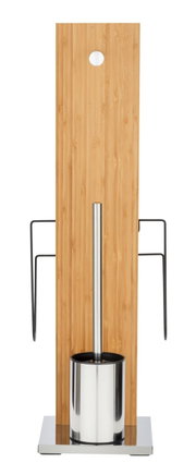 WC-Garnitur mit Zeitungshalter aus Holz und Metall, frontal fotografiert