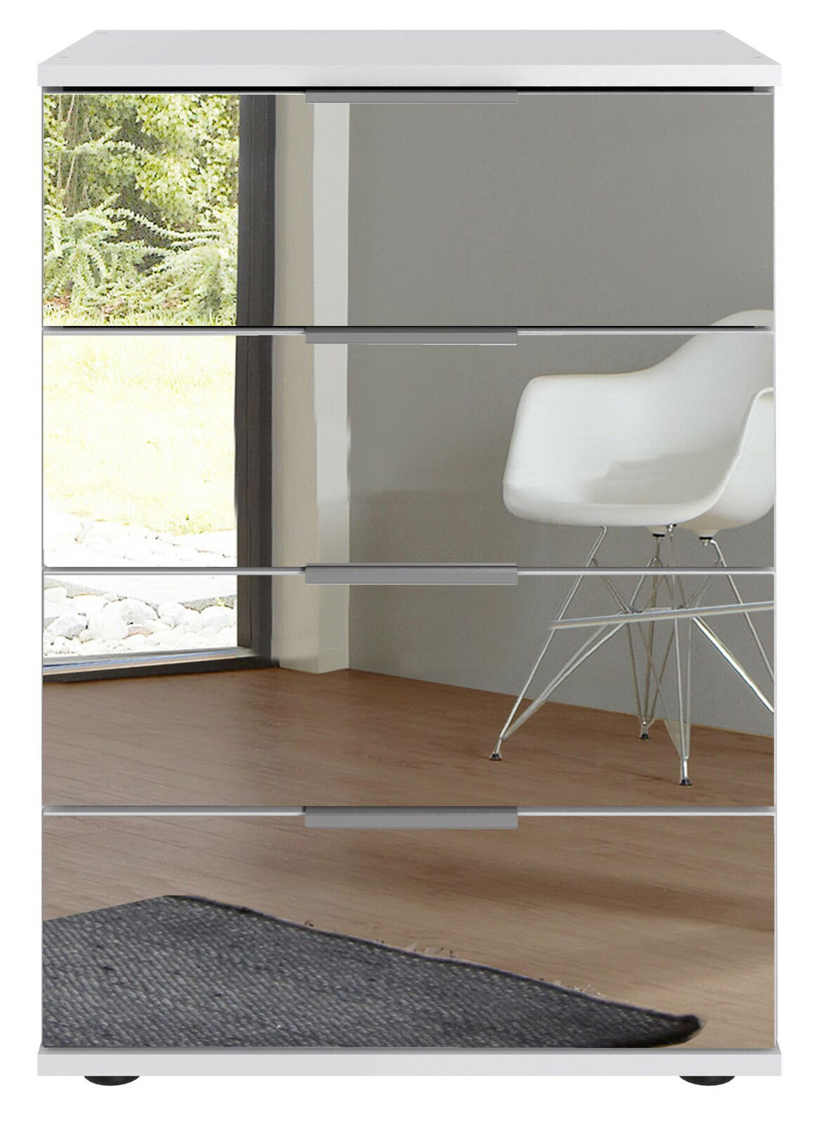 Moderne Nachtkommode mit spiegelnder Front und vier Schubladen, seitliche Perspektive