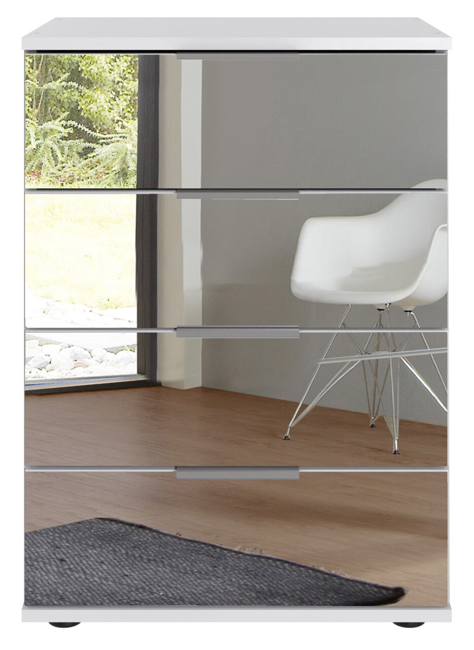 Moderne Nachtkommode mit spiegelnder Front und vier Schubladen, seitliche Perspektive