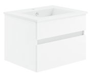 Weiße Badkombination aus der Serie NEXT4YOU von Puris, perspektivisch von vorne links gezeigt.