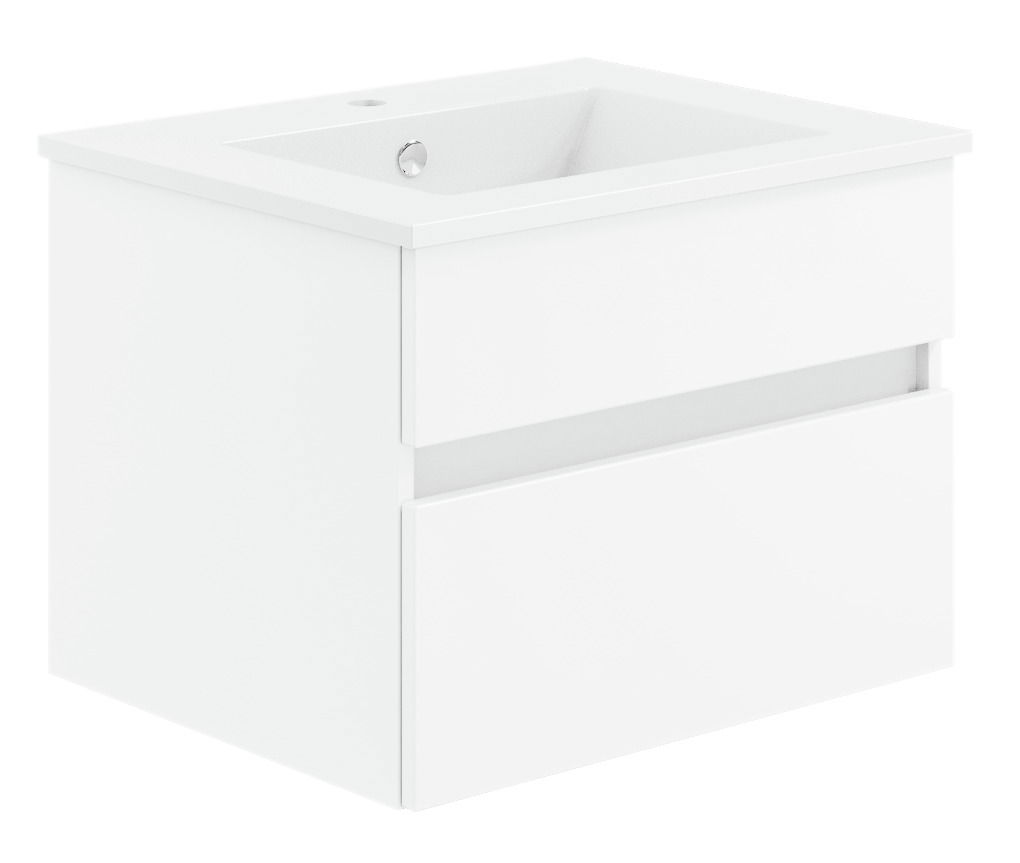 Weiße Badkombination aus der Serie NEXT4YOU von Puris, perspektivisch von vorne links gezeigt.