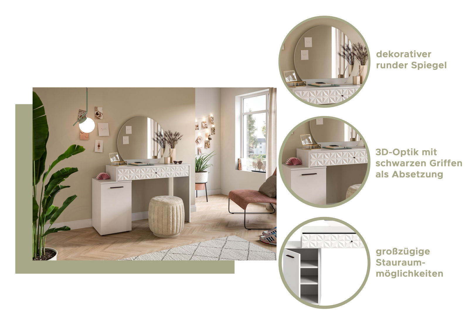 Schminktisch mit dekorativem rundem Spiegel, 3D-Optik und schwarzen Griffen, großzügige Stauraummöglichkeiten, seitliche Perspektive.