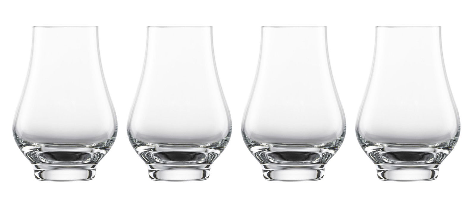 Vier Whiskygläser im Nosing-Design, frontal abgebildet.