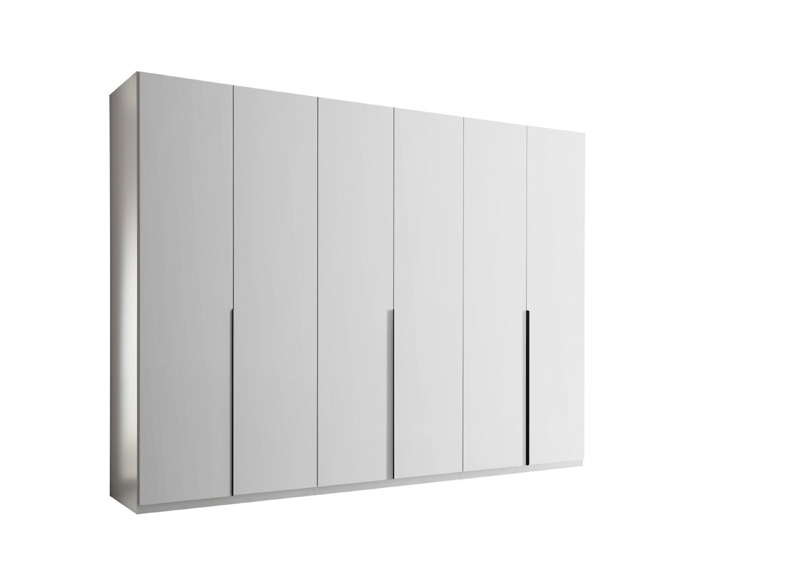 Großer moderner Kleiderschrank in Weiß mit sechs grifflosen Drehtüren und dezenten schwarzen Griffleisten, aus schräger Vorderansicht von links gezeigt