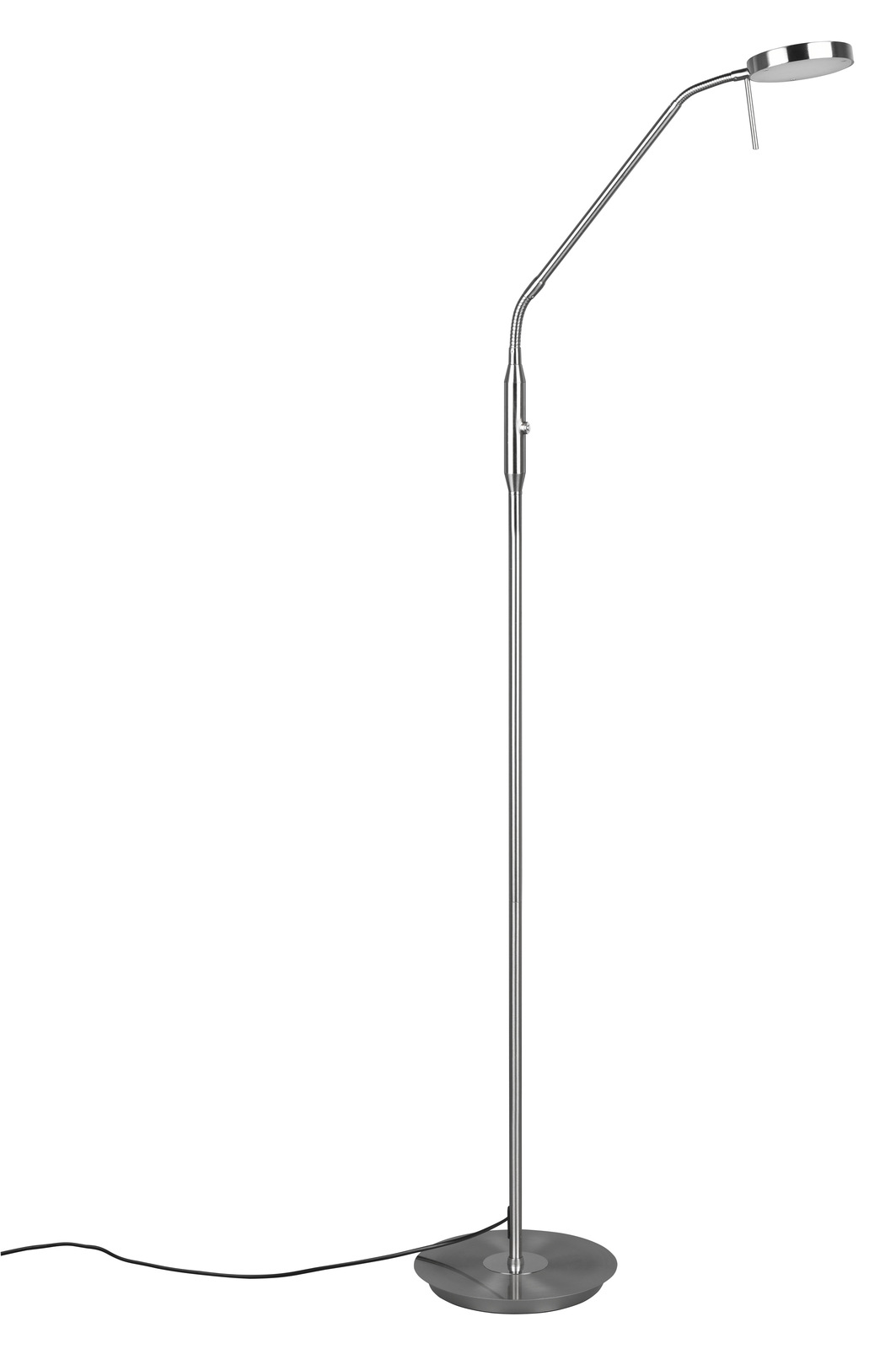 Stehleuchte mit schlankem, modernem Design, silberfarbenem Metallgestell und rundem Lampenkopf, seitliche Perspektive