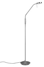 Stehleuchte mit schlankem, modernem Design, silberfarbenem Metallgestell und rundem Lampenkopf, seitliche Perspektive