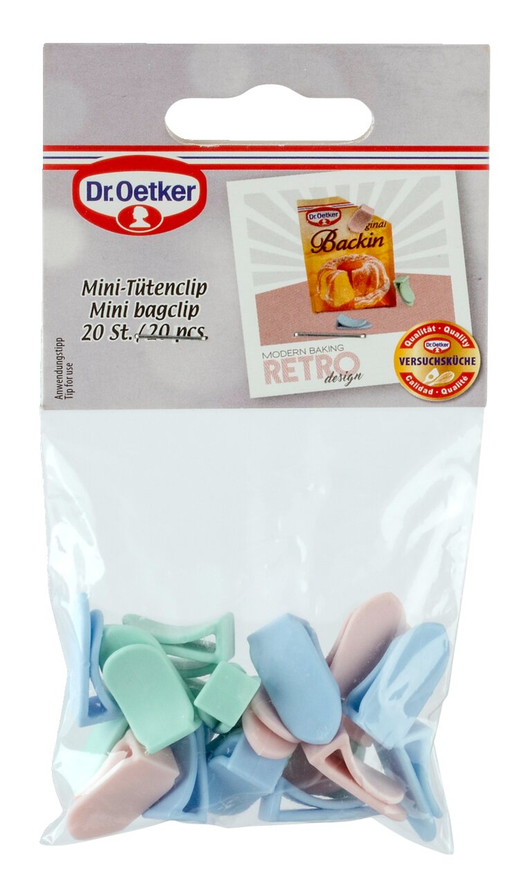 Verpackung mit 20 Mini-Tütenclips in Pastellfarben, Vorderansicht