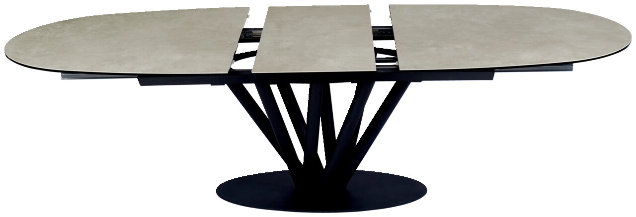 Moderne eettafel met een ovaal, uitschuifbaar tafelblad in steenlook en een zwart, geometrisch onderstel, gezien vanaf de zijkant.