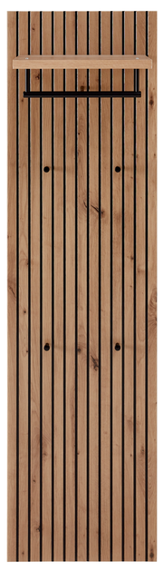 Frontale Ansicht eines modernen Garderobenpaneels aus Holz mit vertikalen Streifen, einer Ablage und einer Kleiderstange.