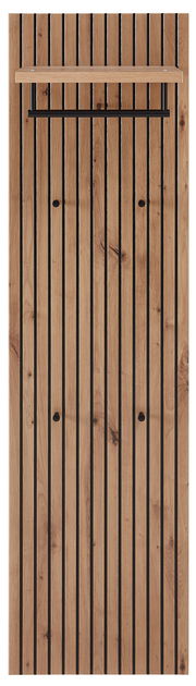 Frontale Ansicht eines modernen Garderobenpaneels aus Holz mit vertikalen Streifen, einer Ablage und einer Kleiderstange.