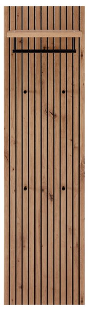 Frontale Ansicht eines modernen Garderobenpaneels aus Holz mit vertikalen Streifen, einer Ablage und einer Kleiderstange.